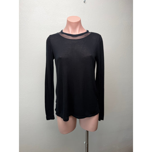 Elizabeth & James Black Sheer Mesh Yoke Long Sleeve Top Open Back Lightweight Knit XS