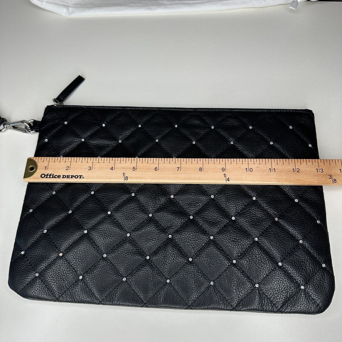 NIB Swarovski Black Quilted Leather & Crystals Zip Close Leather Strap Clutch