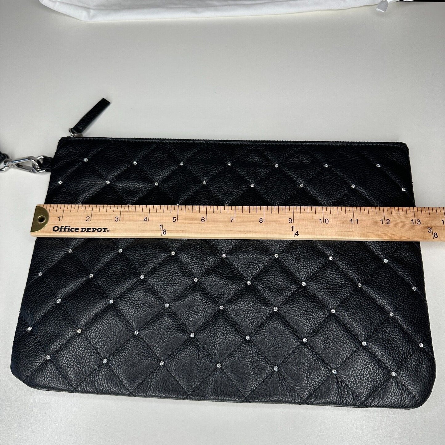 NIB Swarovski Black Quilted Leather & Crystals Zip Close Leather Strap Clutch