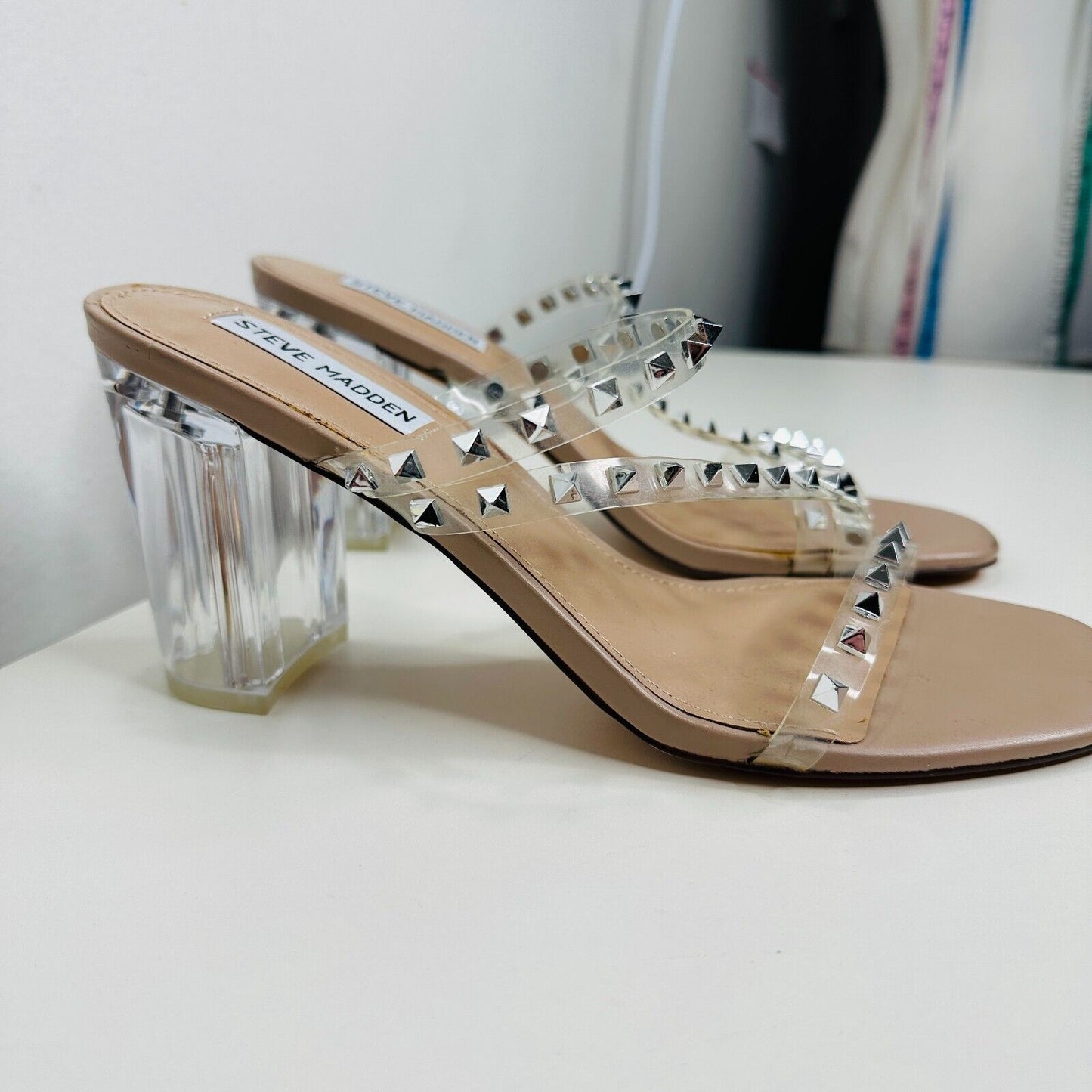 Steve Madden Nude Lucite Tangent Cone Heel Clear Silver Studded Strappy Sandal 9