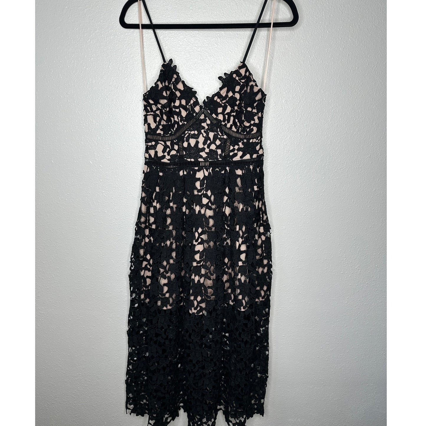 Aqua Black Lace Overlay Tan Lining Spaghetti Strap Cami Midi Dress SM