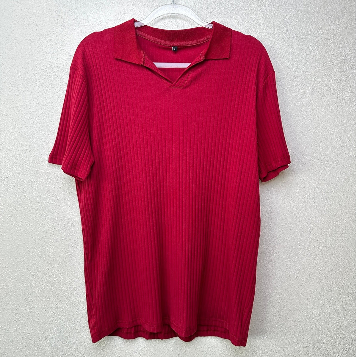 Men’s Red Ribbed Knit Polo Shirt Short Sleeve Size L
