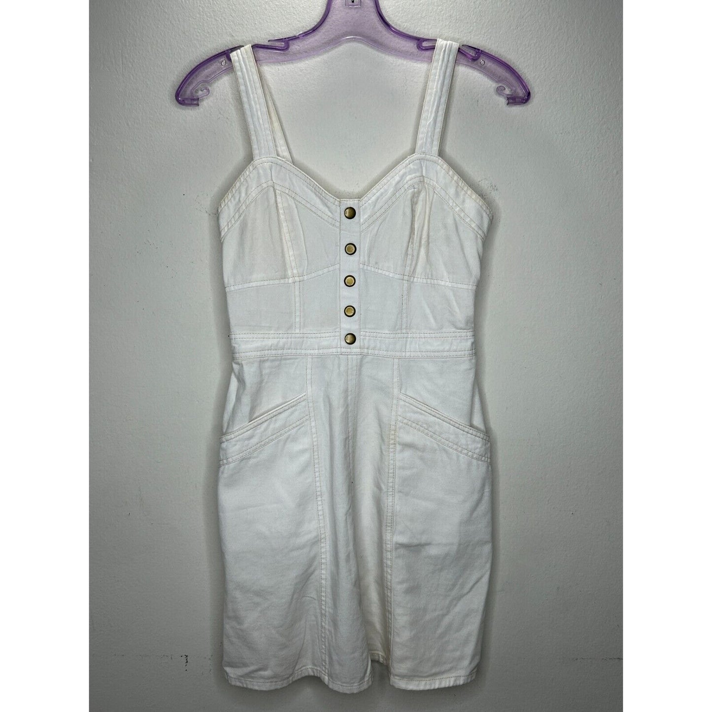 Japna White Denim Tan Stitch Bronze Snap Sweetheart Neck Pocket Mini Dress M