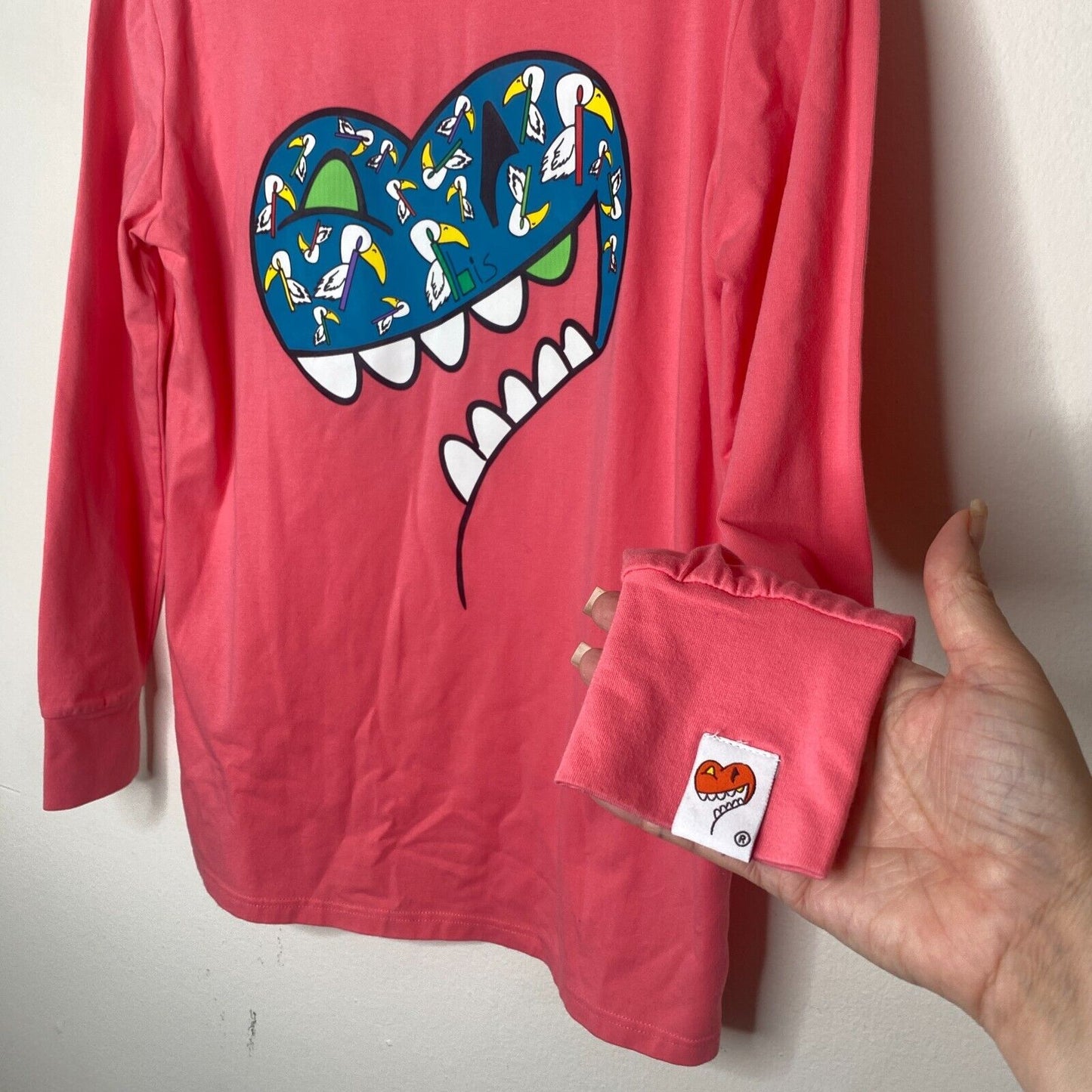 RARE Ibis Heart On Sleeve Collection Pink Coral Tee Long Sleeve Fine Cotton SM