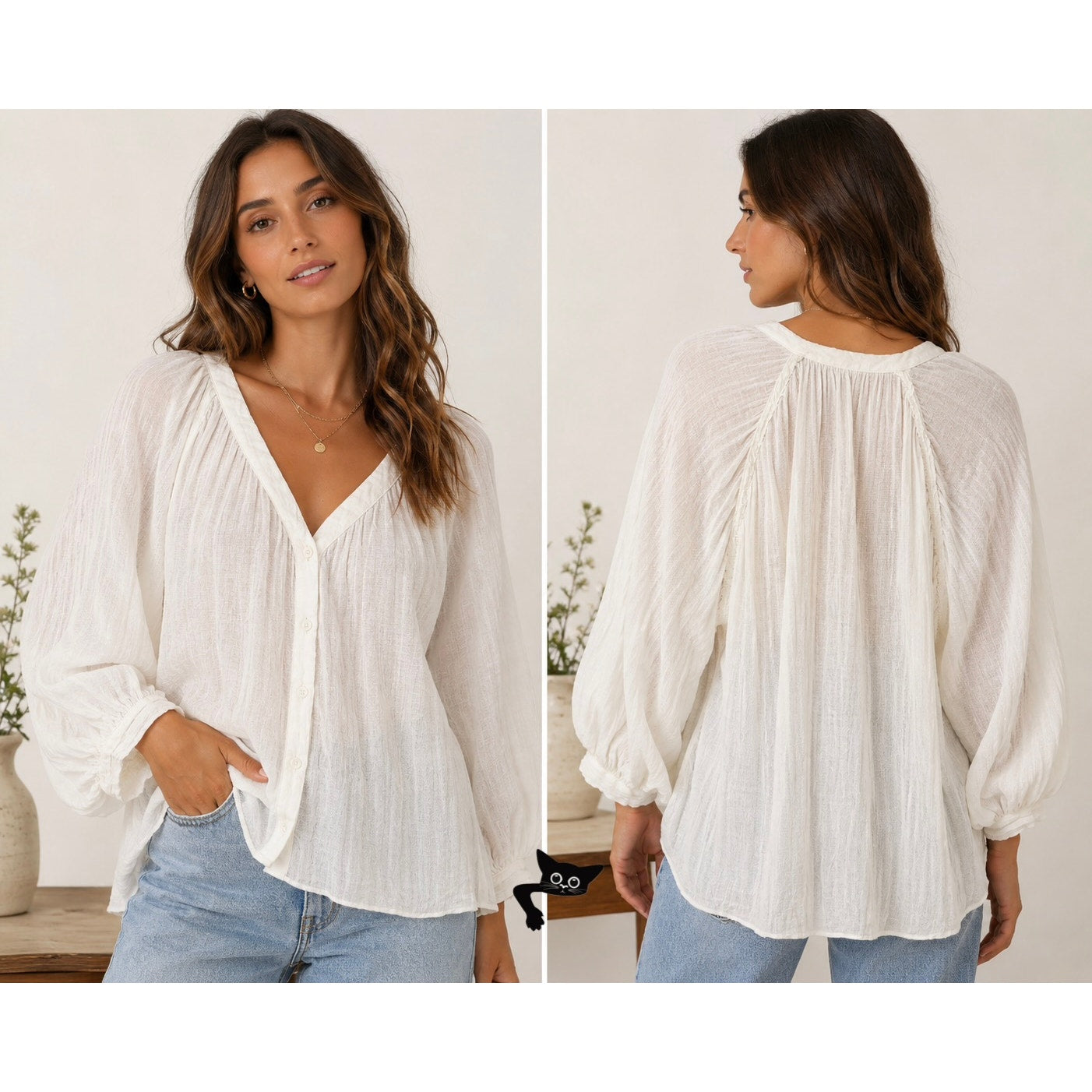 Zara Cream Linen Blend Crinkle V-Neck Boxy Button Front Boho Blouse M/L