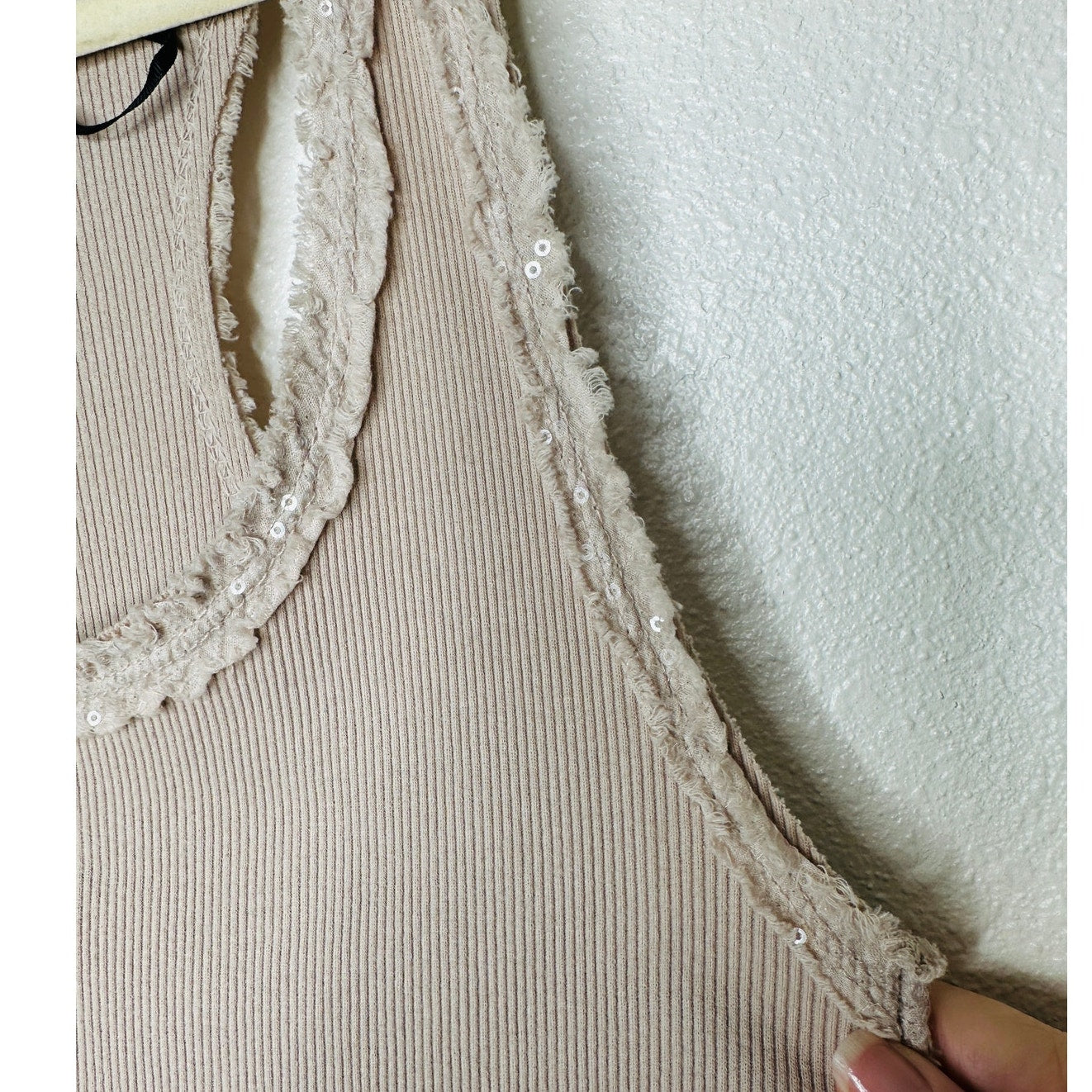 NWT Dis Moi Tan Rib Knit Racer Back Lace Edging Tank Top