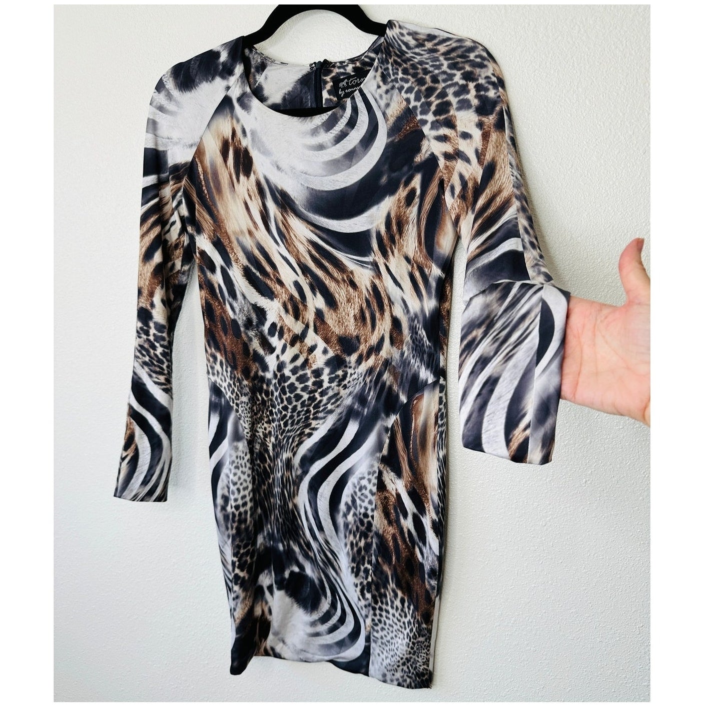 Torn by Ronny Kobo Black White Brown Animal Print Long Sleeve Bodycon Dress S
