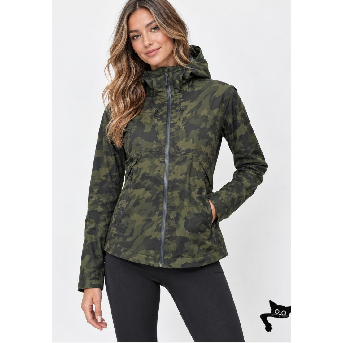 Lululemon Olive Green & Black Camo Print Front Zip Hooded Jacket 2