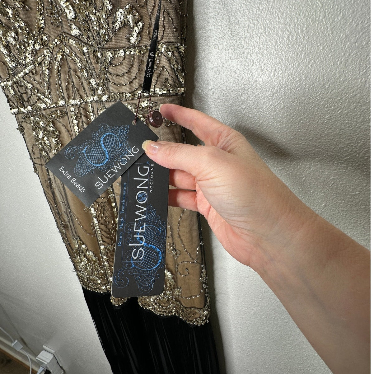 NWT Sue Wong Beaded Gold Mesh Top Black Fringe Bottom Evening Dress 8