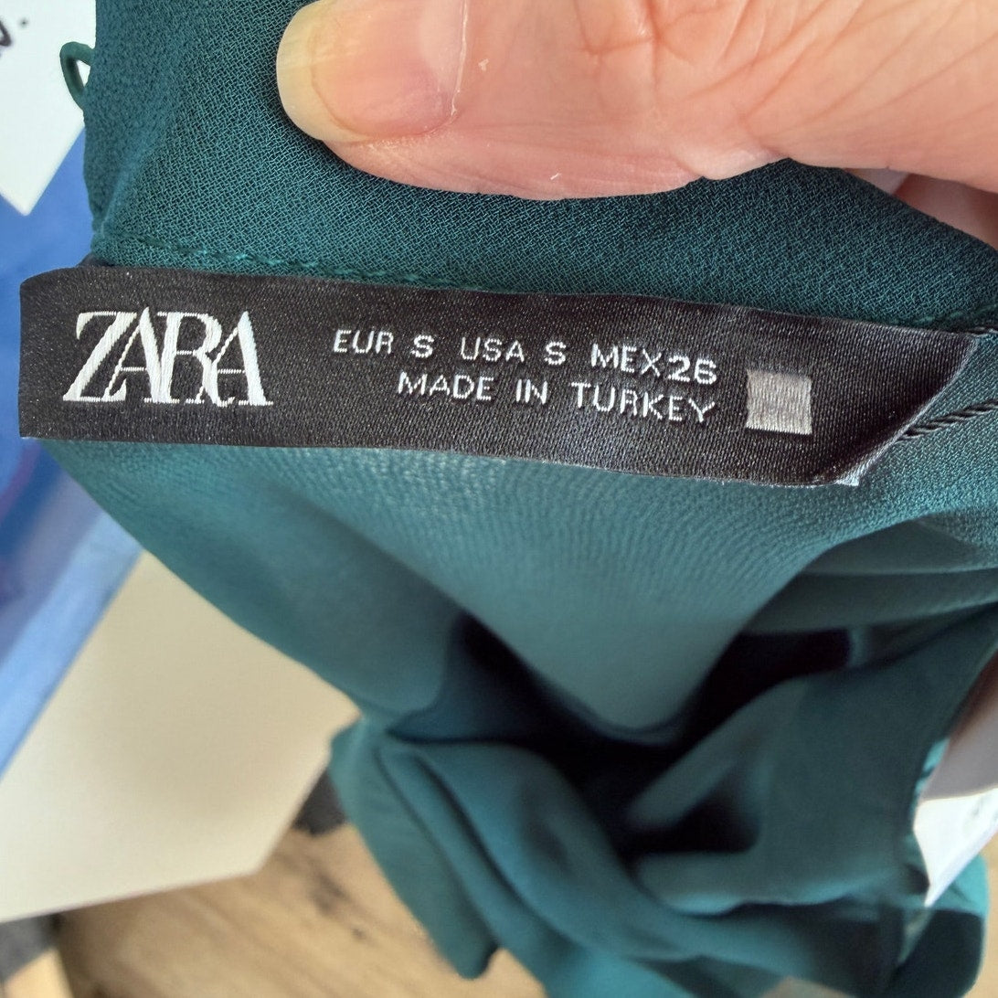NWT Zara Green Chiffon Tiered Ruffle Long Sleeve Mini Dress Women's US S