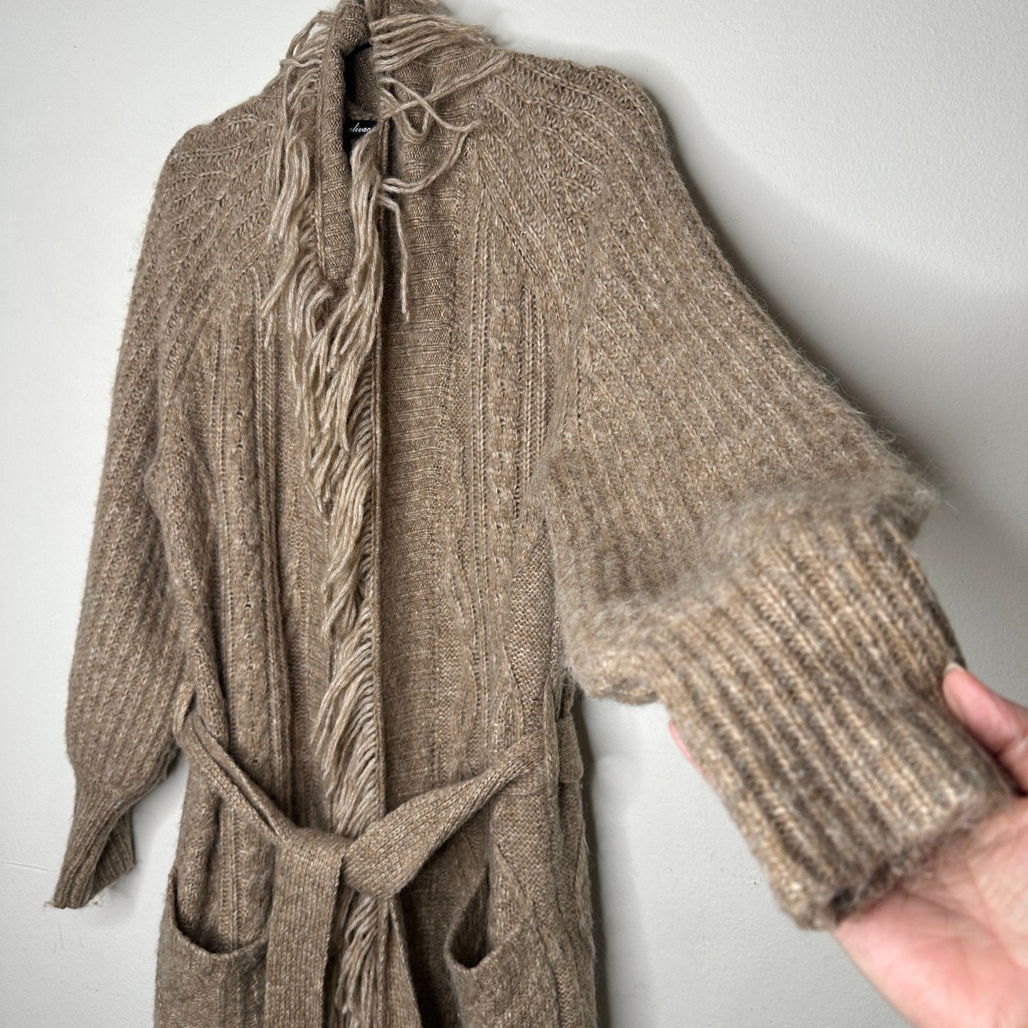 Olivaceous Tan Cream Cable Knit Fringe Trim Midi Cardigan L