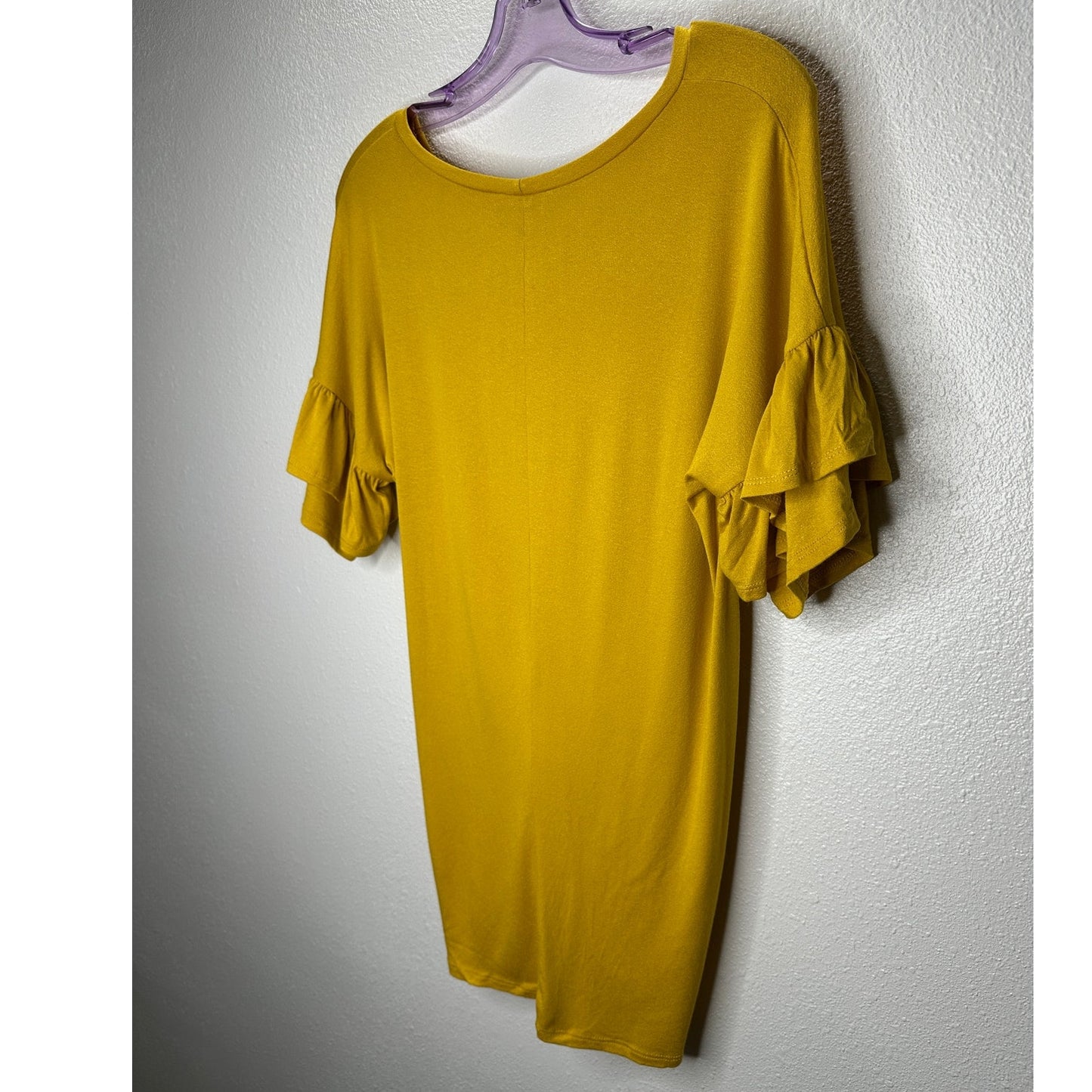 NWT Shop Basic Mustard Yellow round Neck Ruffle Sleeve Front Knot Shirt M