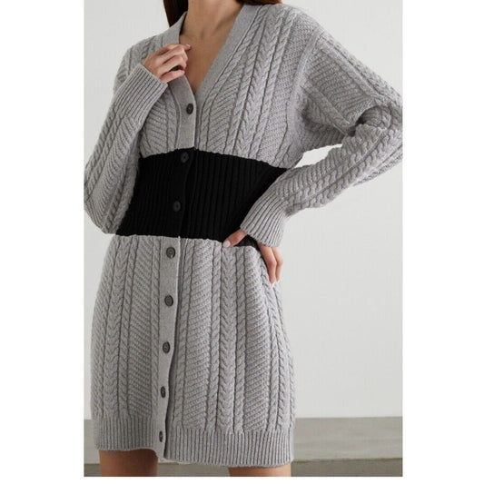 Alexander McQueen Knit Gray Cinch Waist Black Color Block V Neck Sweater Dress M