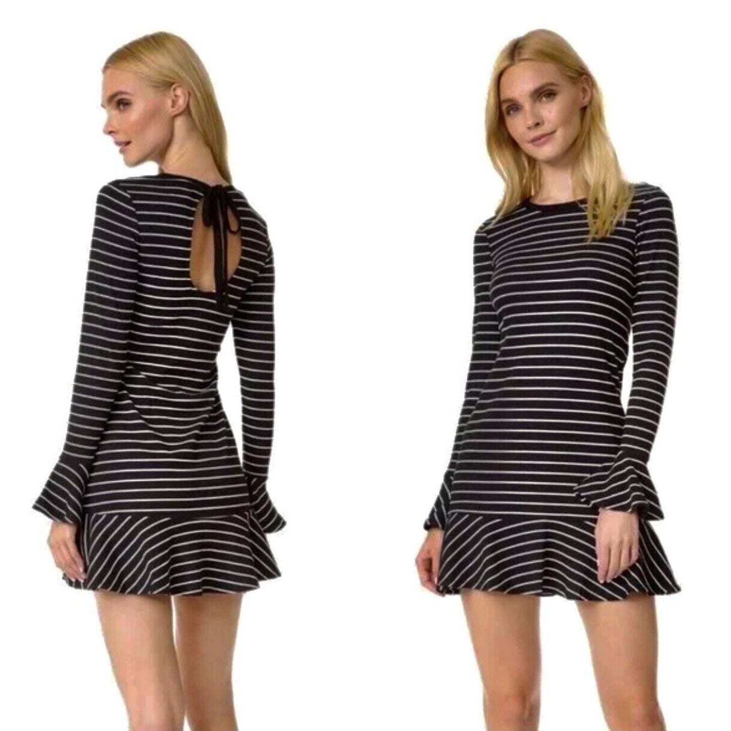 Saylor Black & White Stripe Tessa Bell Long Sleeve Keyhole Tie Knit Dress S