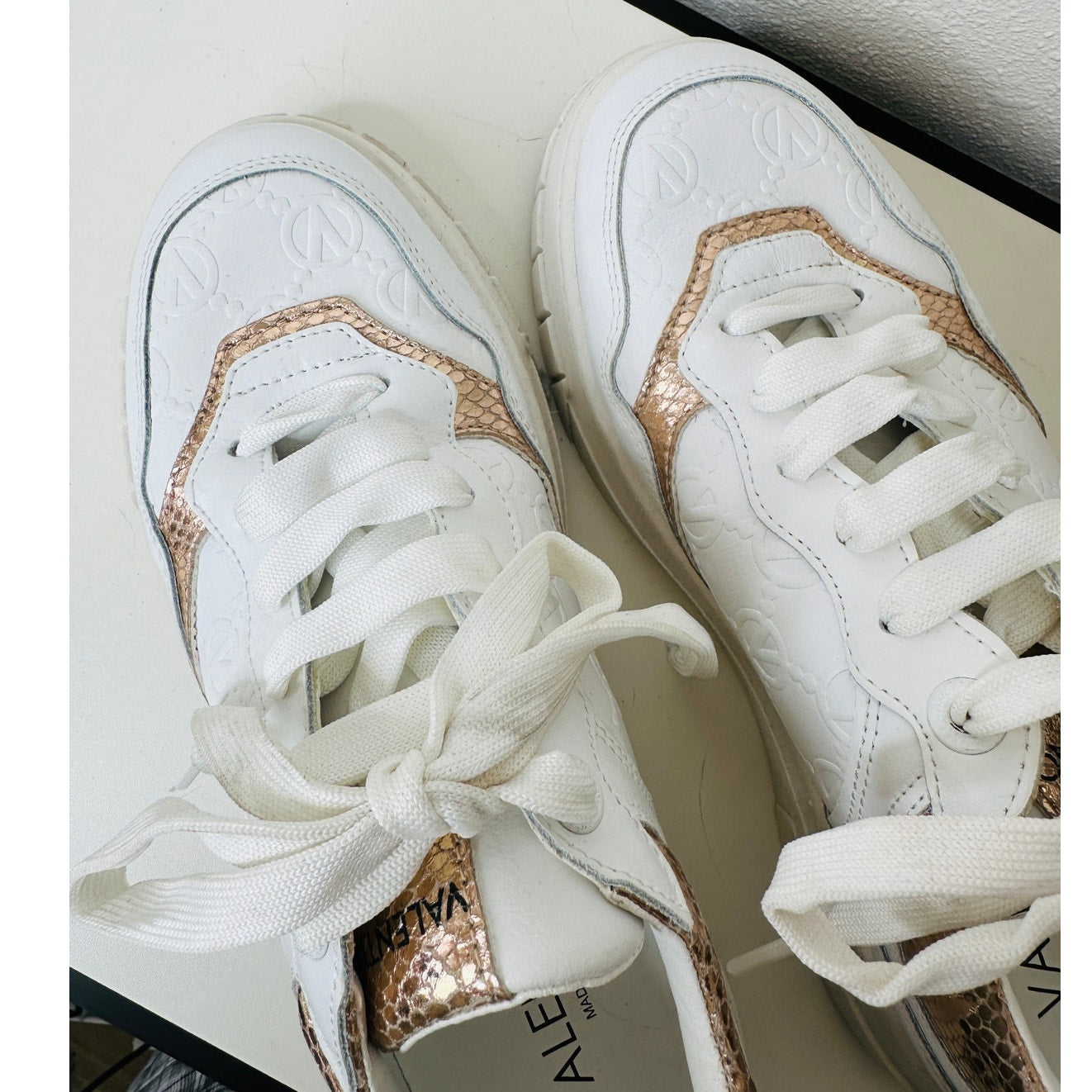 Valentino Minerva Monogram White & Rose Gold Leather Lace Sneaker 9