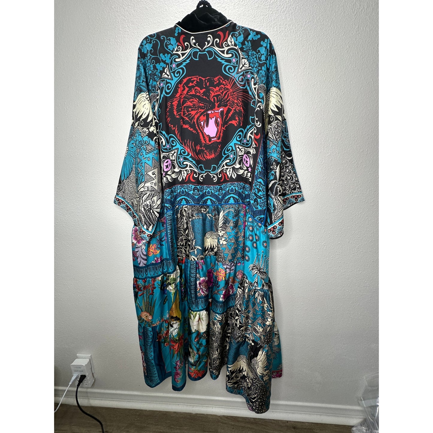 F.R.S. Cream Black Blue Red Multi Bird Floral Tiger Print Kimono M