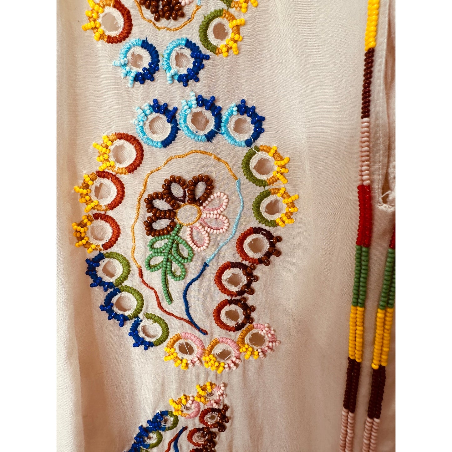 Fortela Ghodsi Tan Multicolor Beade Embroider Print Peasant Blouse 40