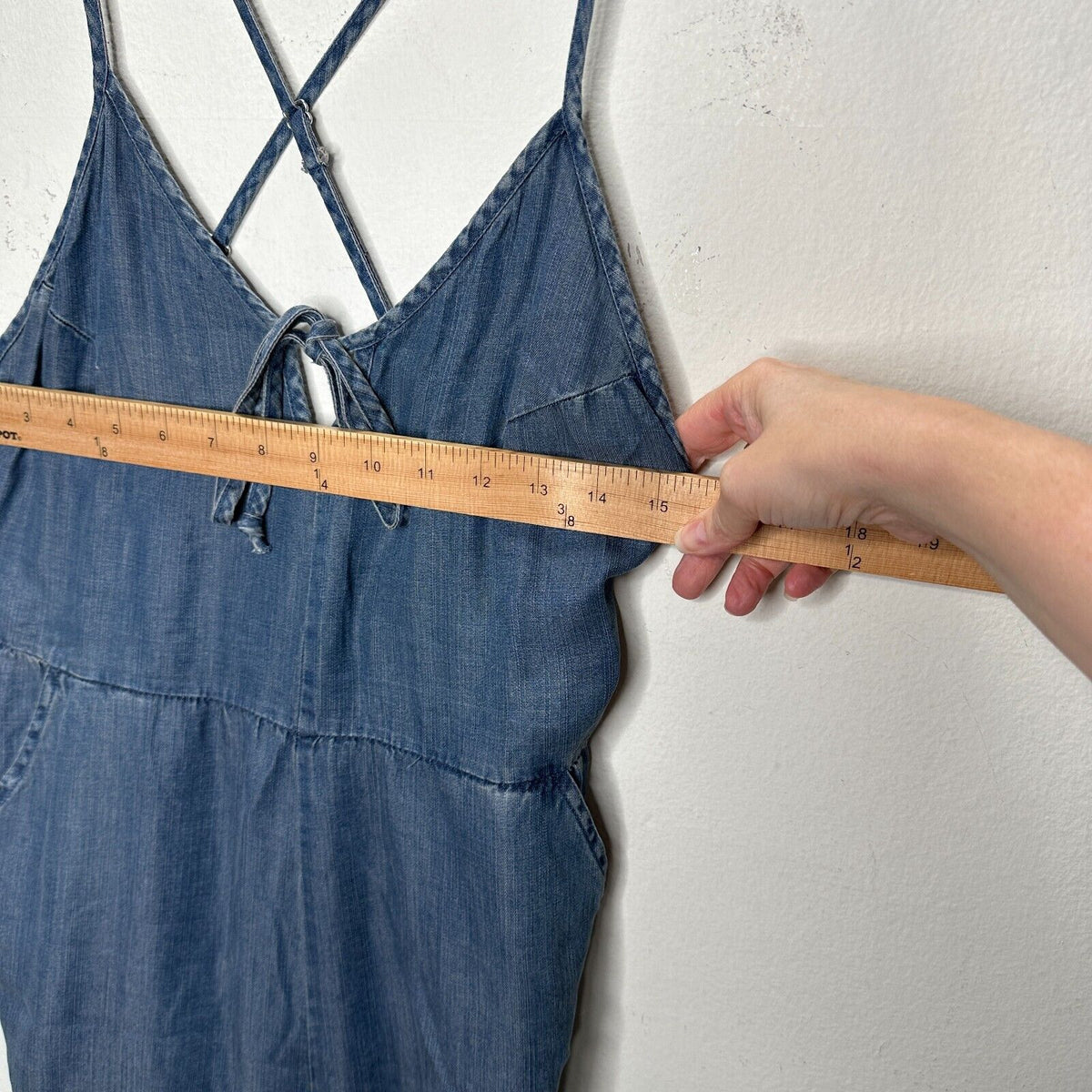 Lovestitch Medium Wash Blue Wide Leg Spaghetti Strap V-Neck Front Tie Jumpsuit S