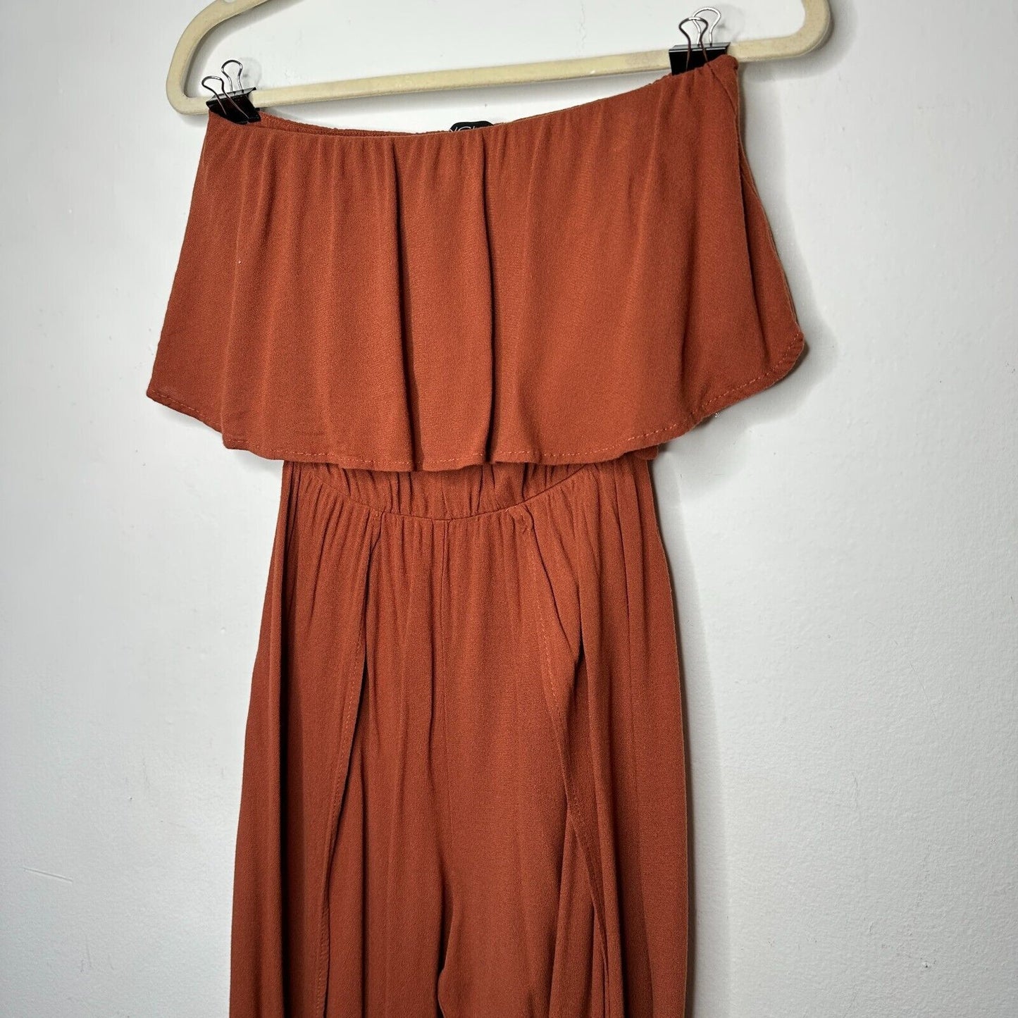 Angl Rust Bronze Brown Bandeau Ruffle Off-Shoulder Harem Slit Pant Jumpsuit SM
