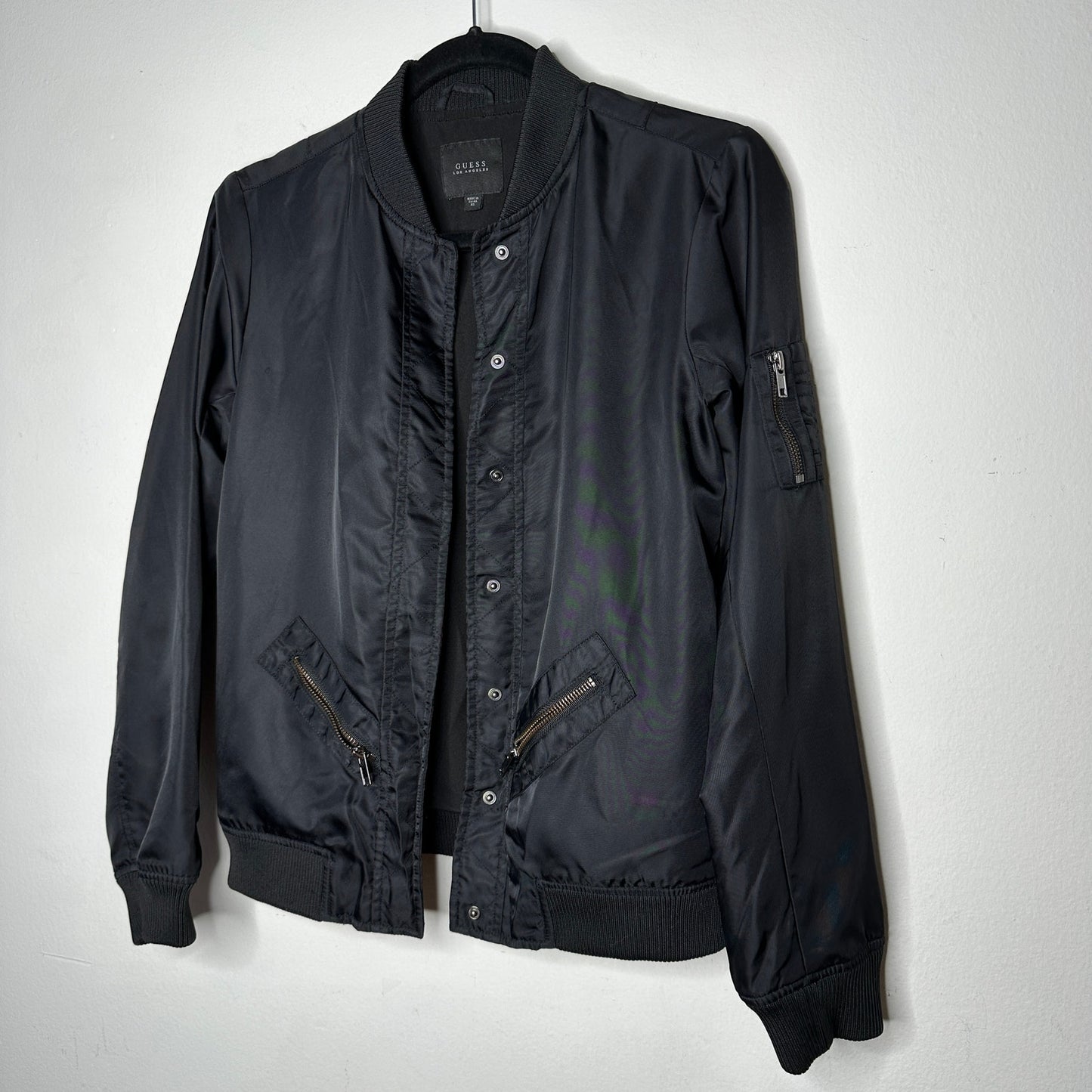 Guess Black Front Snap Bomber Jacket Zip Front & Sleeve Pockets XS