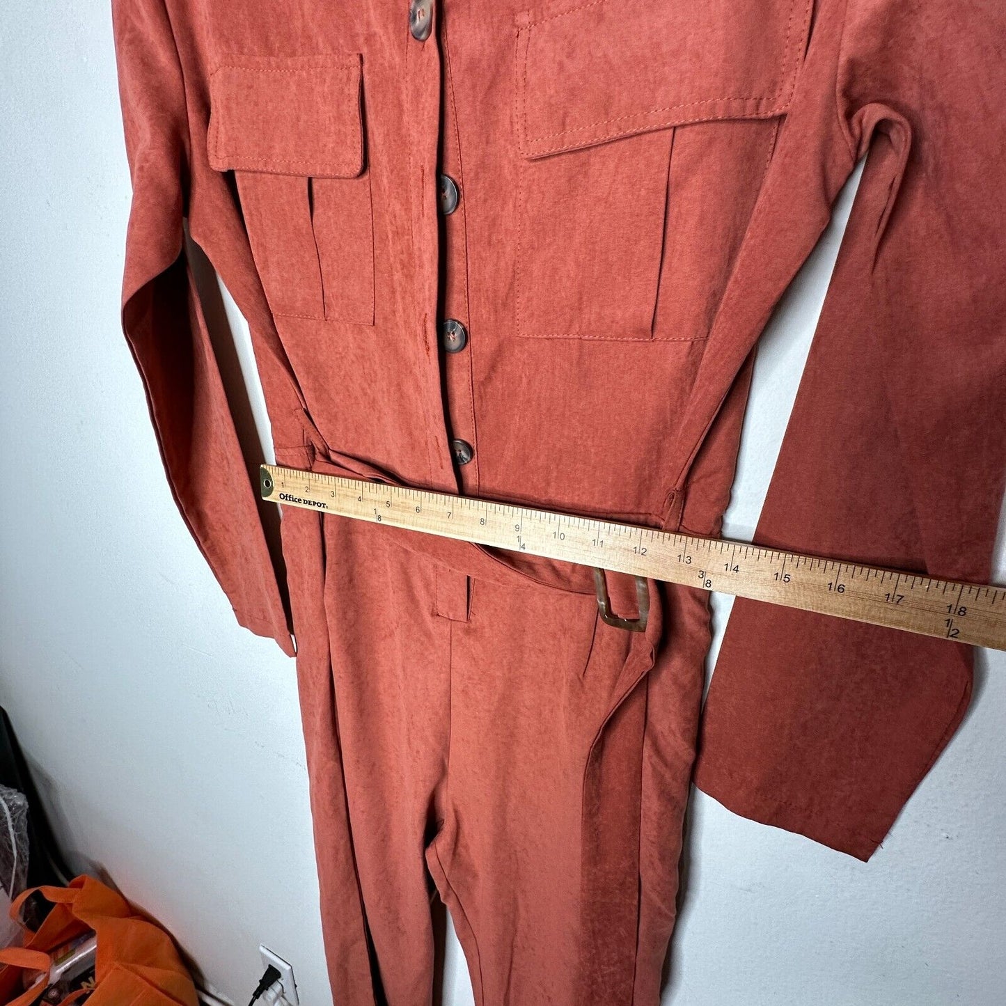 NWT Boohoo Rust Utility Cargo Belted Jumpsuit Tapered Leg Front Safari Pocket 7