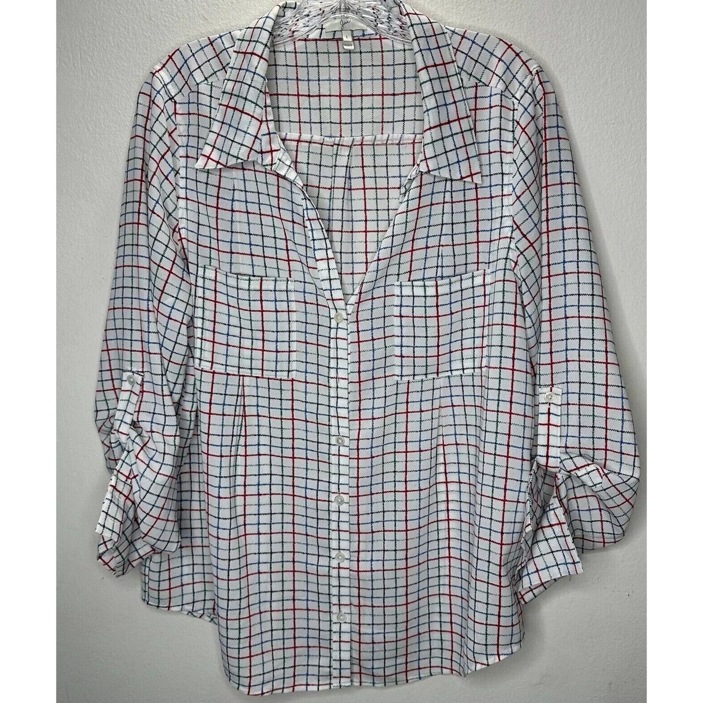 Joie White Red Blue Black & Green Plaid Front Button Pockets Long Sleeve Shirt L