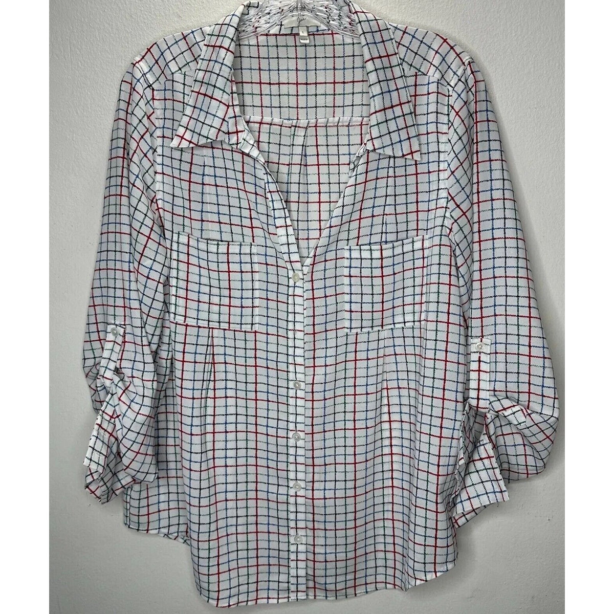 Joie White Red Blue Black & Green Plaid Front Button Pockets Long Sleeve Shirt L
