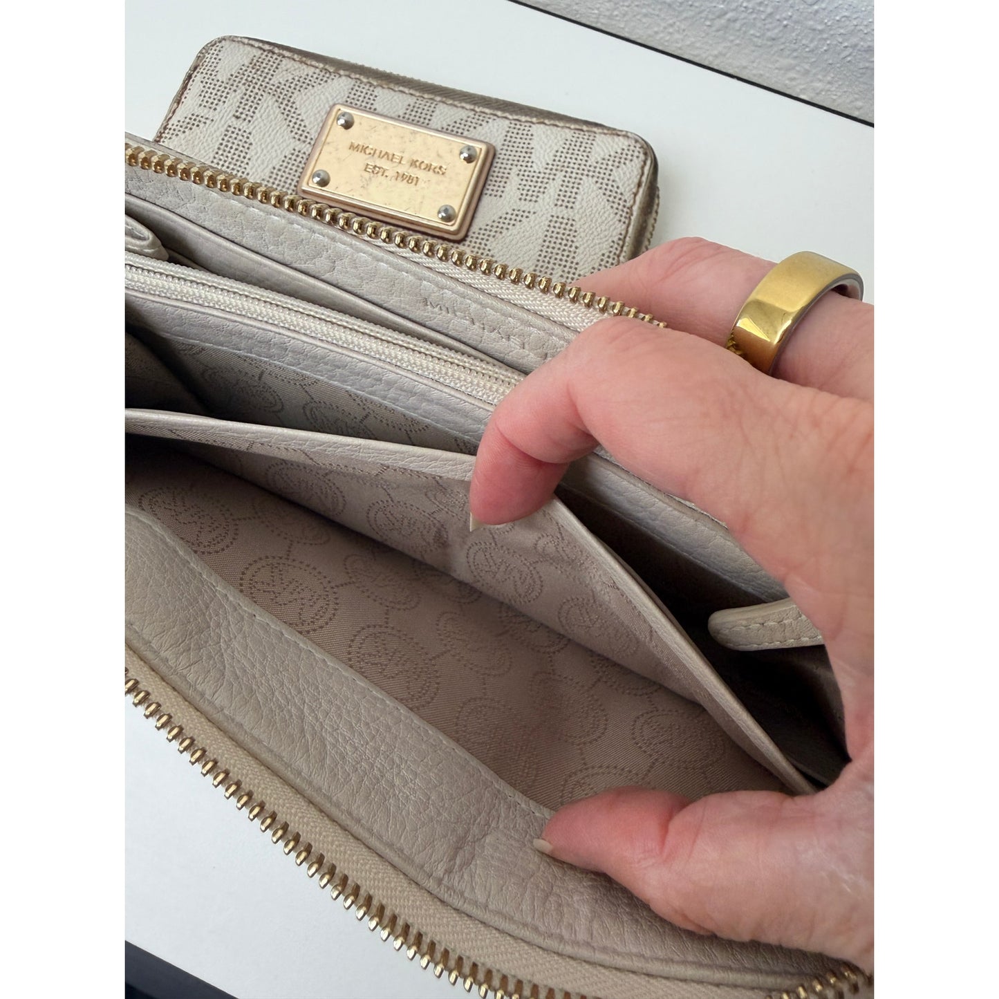 Michael Kors Set of 2 Cream Beige Signature Logo Zip Wallets