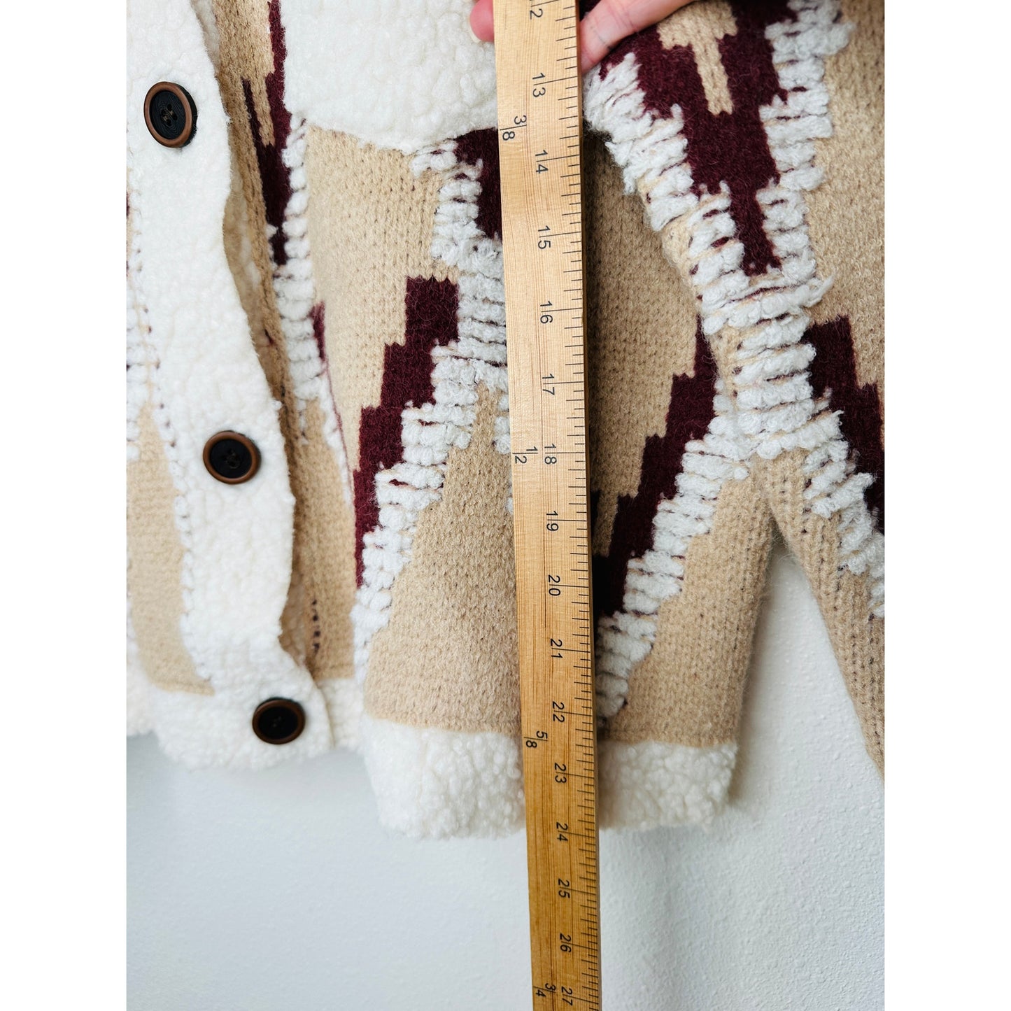 a. peach Tan Ivory Burgundy Southwest Print Button Collared Sweater Jacket S