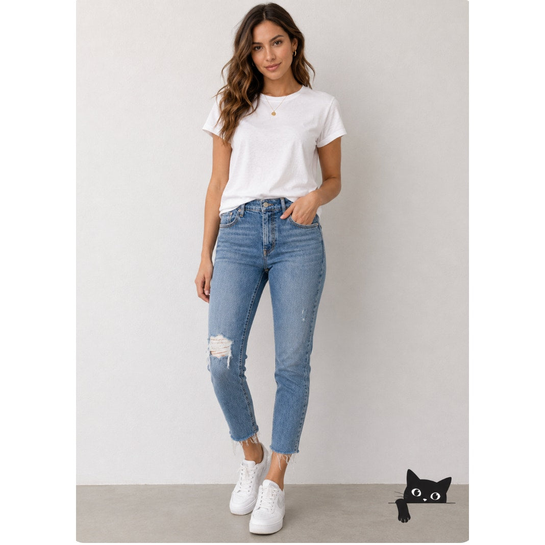 NWT GRLFRND Kendall Med Wash Amelia Distress Knee High Waist Raw Hem Jeans 31