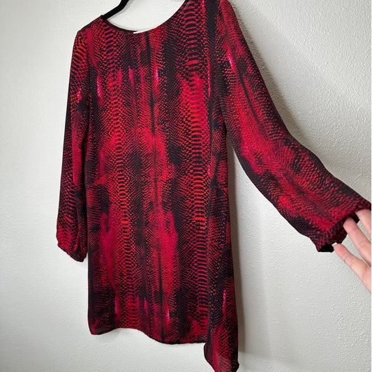 BB Dakota Red & Black Snakeprint Round Neck Long Sleeve Flowy Mini Dress S