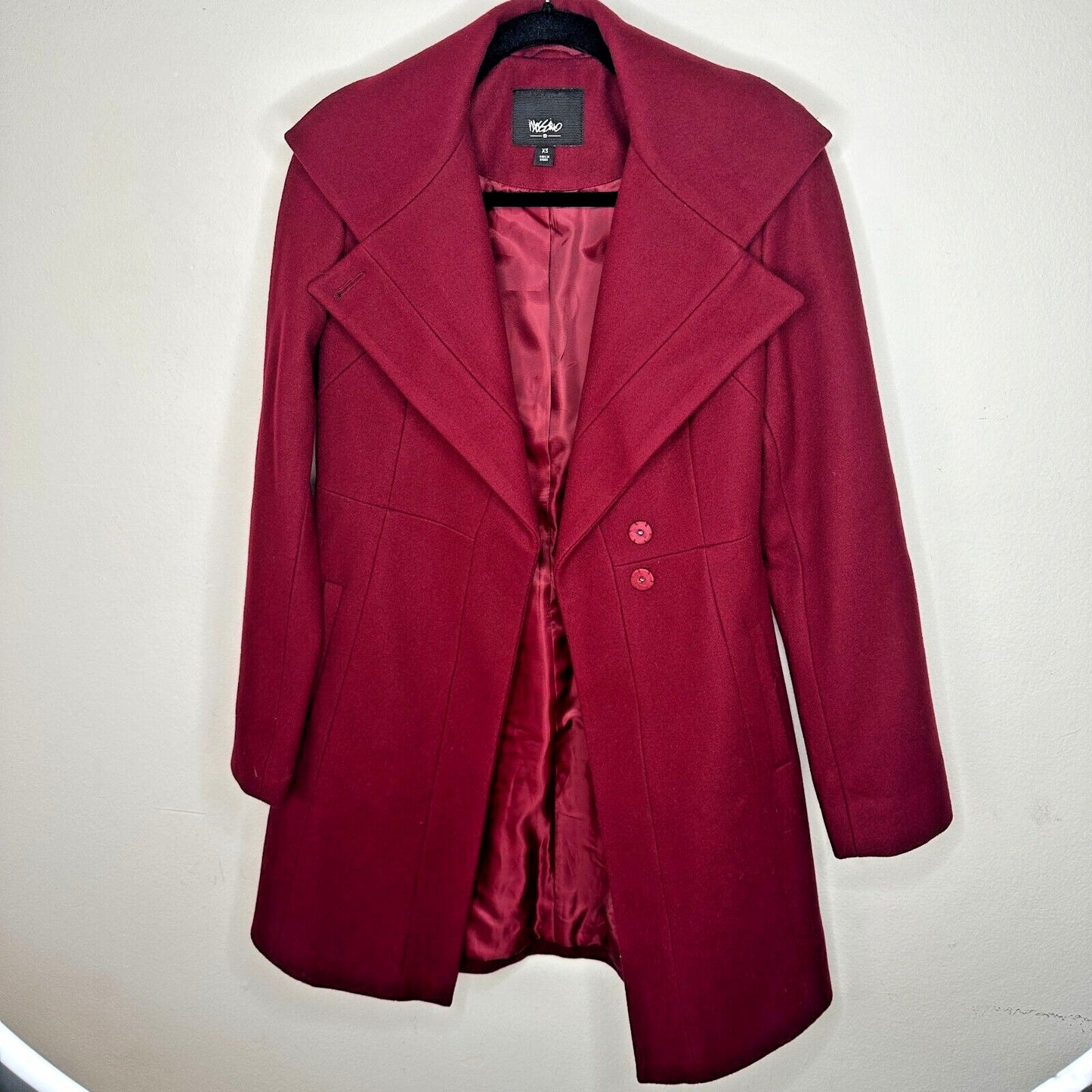 Mossimo Burgundy Red Wool Fitted Long Line Front two Button Coat Welt Pockets XS
