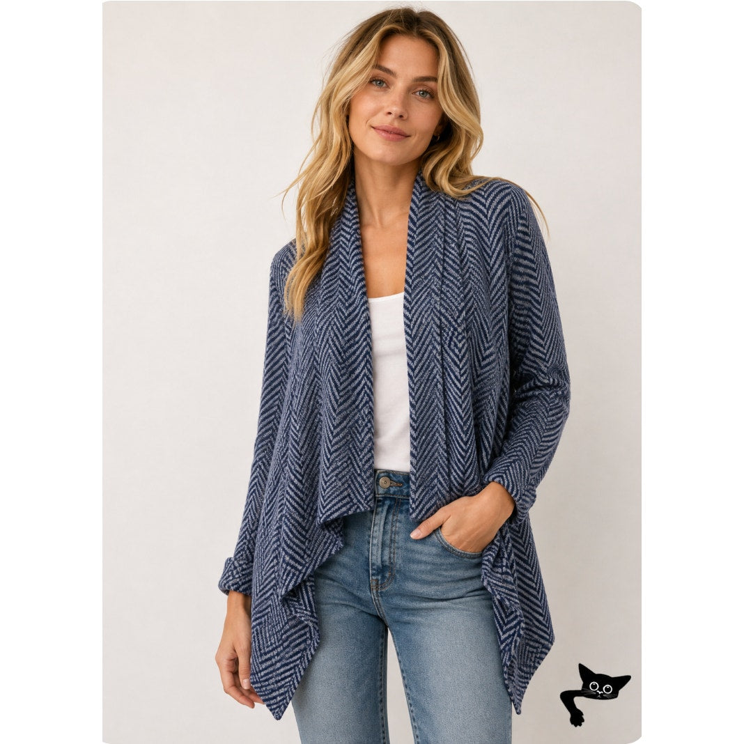 Cocogio Gray & Black Herringbone Waterfall Collar Cardigan Asymmetrical Hem L