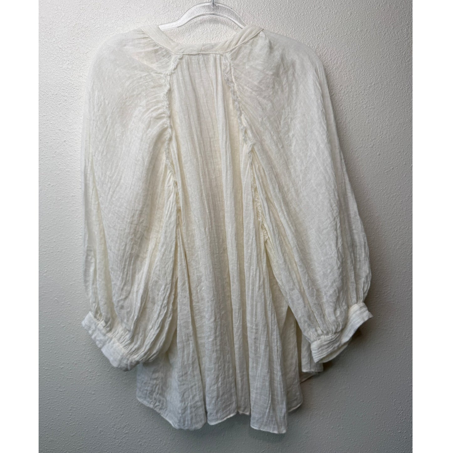 Zara Cream Linen Blend Crinkle V-Neck Boxy Button Front Boho Blouse M/L