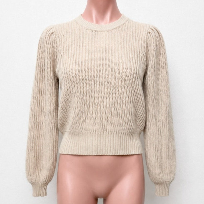 Frame Tan Ribbed Cable Knit Crew Neck Balloon Puff-Sleeve Banded Crop Sweater XS