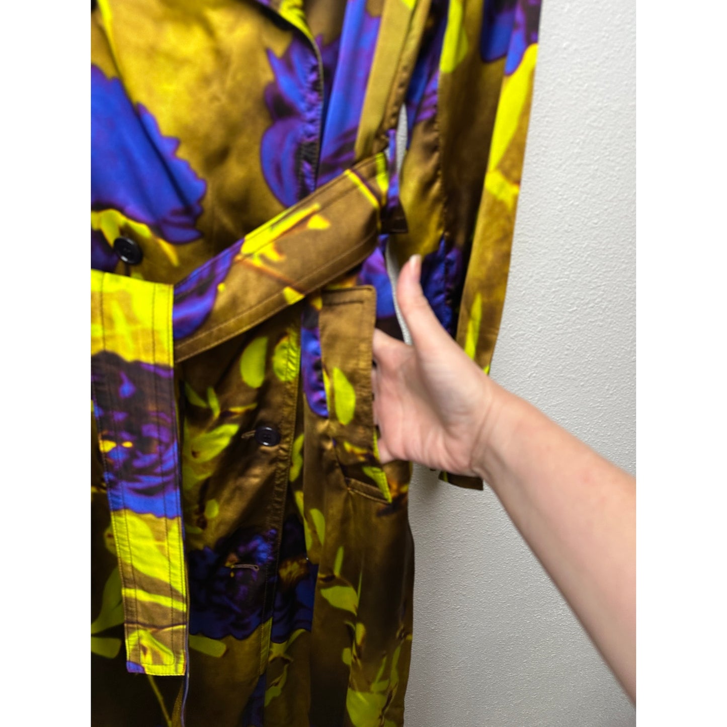 Dries Van Noten floral satin trench coat yellow women US 8 double-breasted