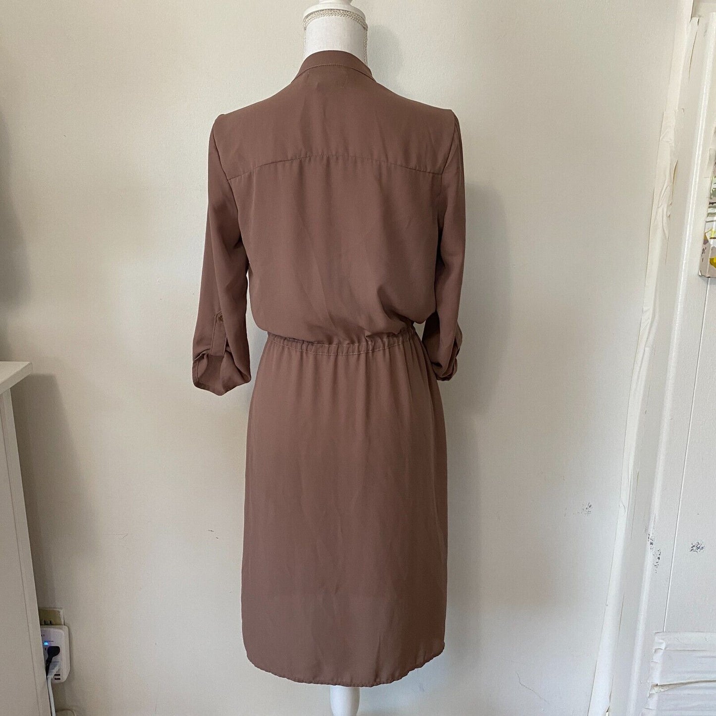 Spoon Milk Chocolate Utility Cinch Waist Tab Sleeve Shirtdress Front Zip S