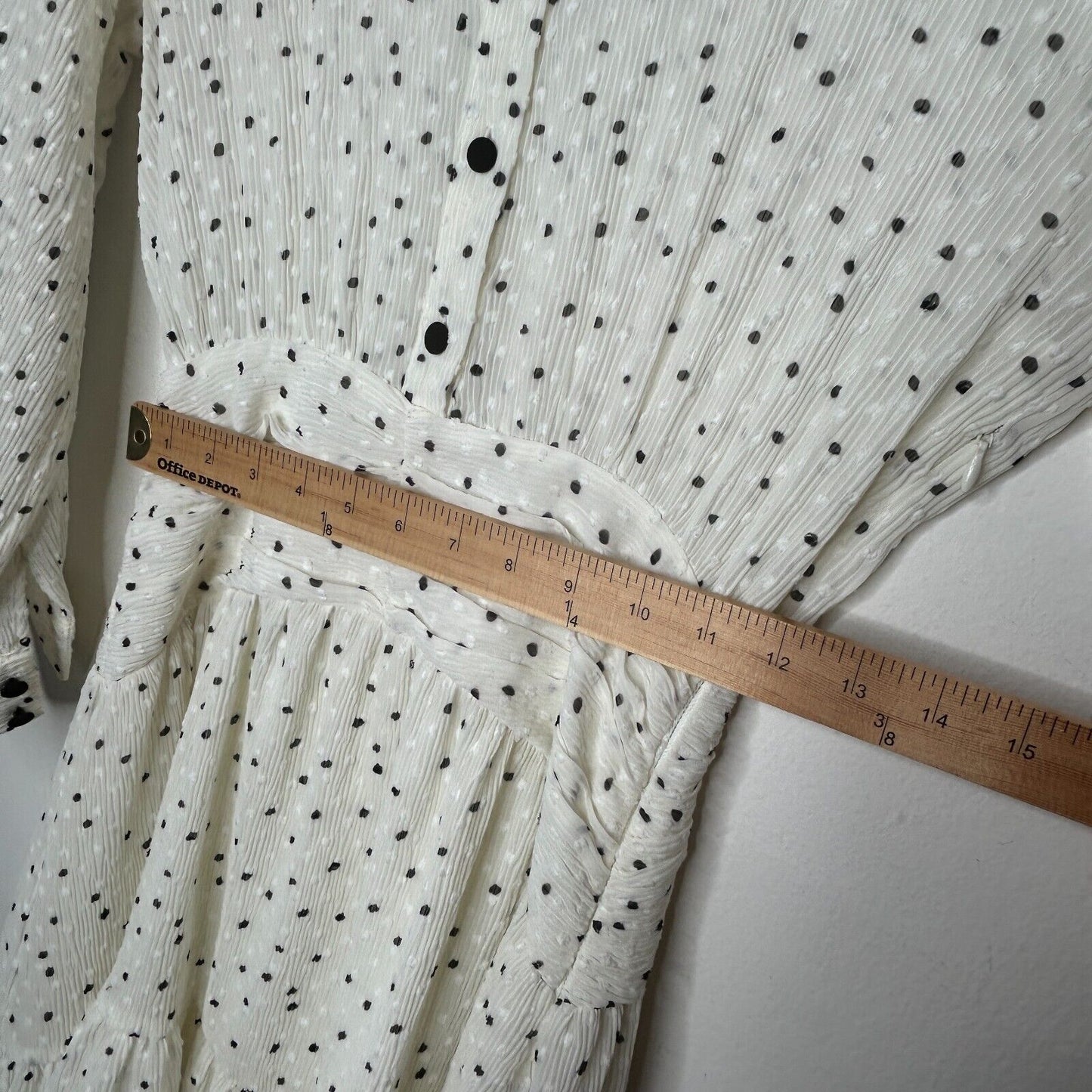 Zara Cream Black Dotted Swiss Long Sleeve 1/2 Button Collared Ruffle Hem Dress