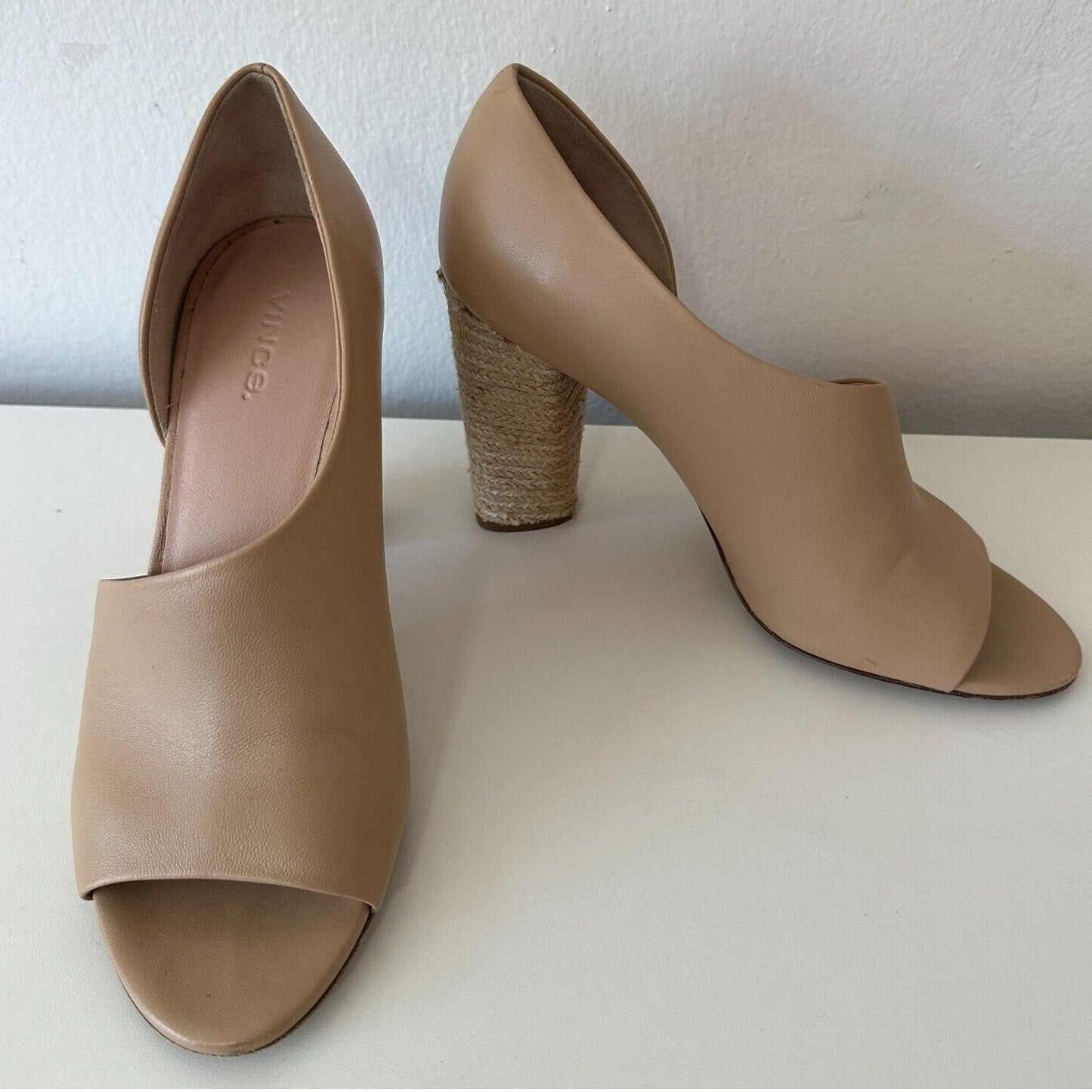 VINCE Percey Taupe Leather Open Toe Block Heel Sandals Jute Wrapped Heels 8.5