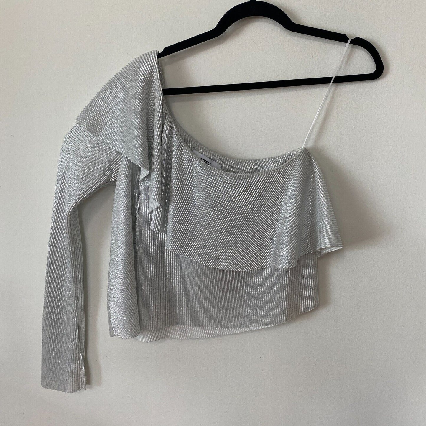Silver Metallic Shiny Striped Ribbed One Shoulder One Long Sleeve Ruffle Top S