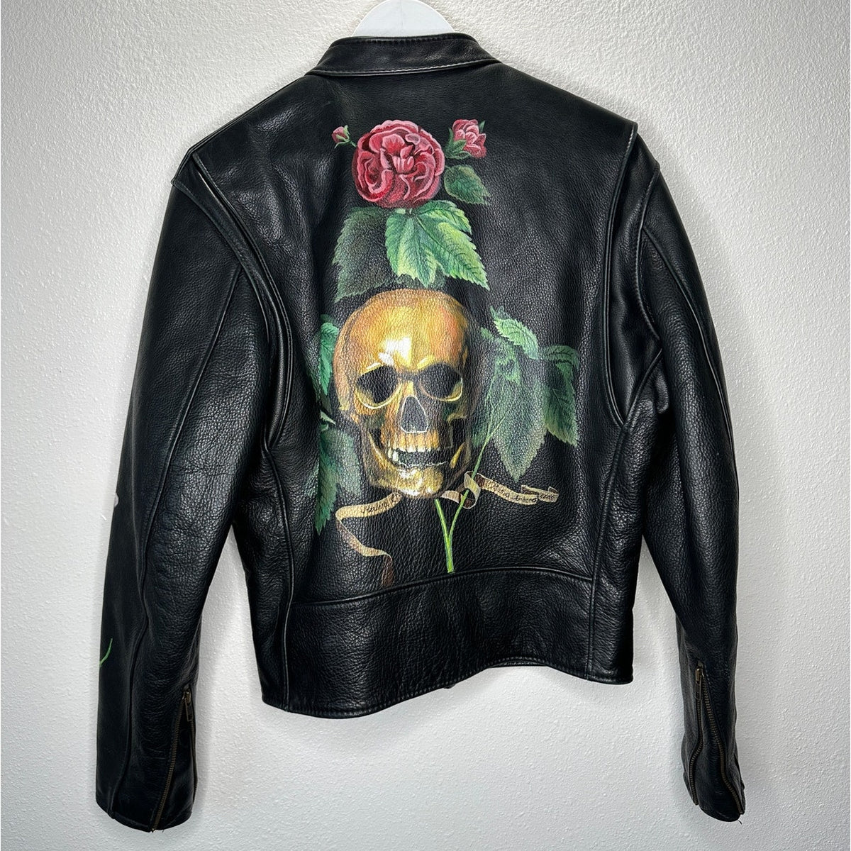 Libertine Hand-Painted Floral Skull Black Leather Moto Jacket M