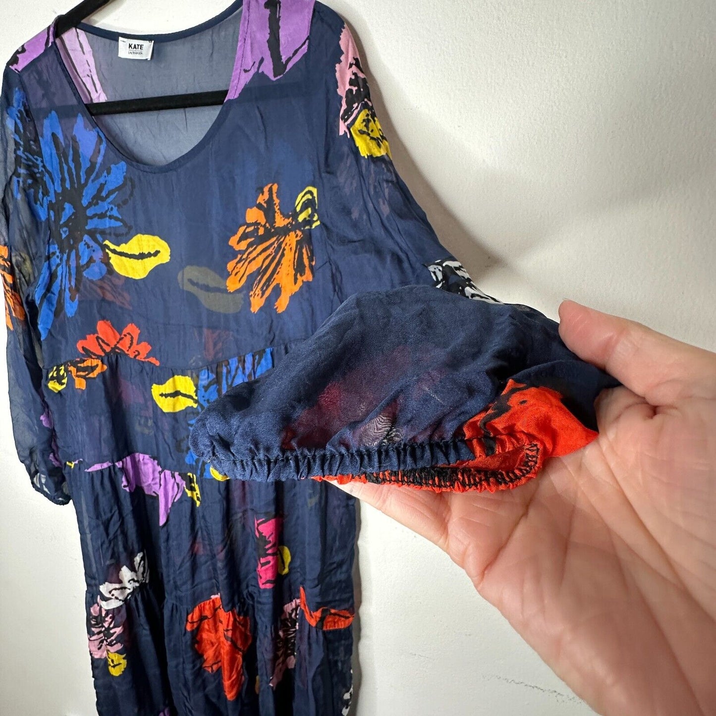 Kate by Laltramoda Sheer Navy Multi Floral Boho Midi Dress 3/4 Sleeve Large