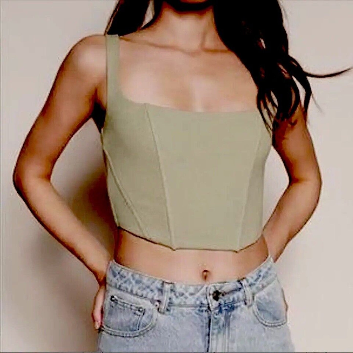 Beige Botany Ultra Soft Structured Mint Green Square Neck Corset Crop Top Small