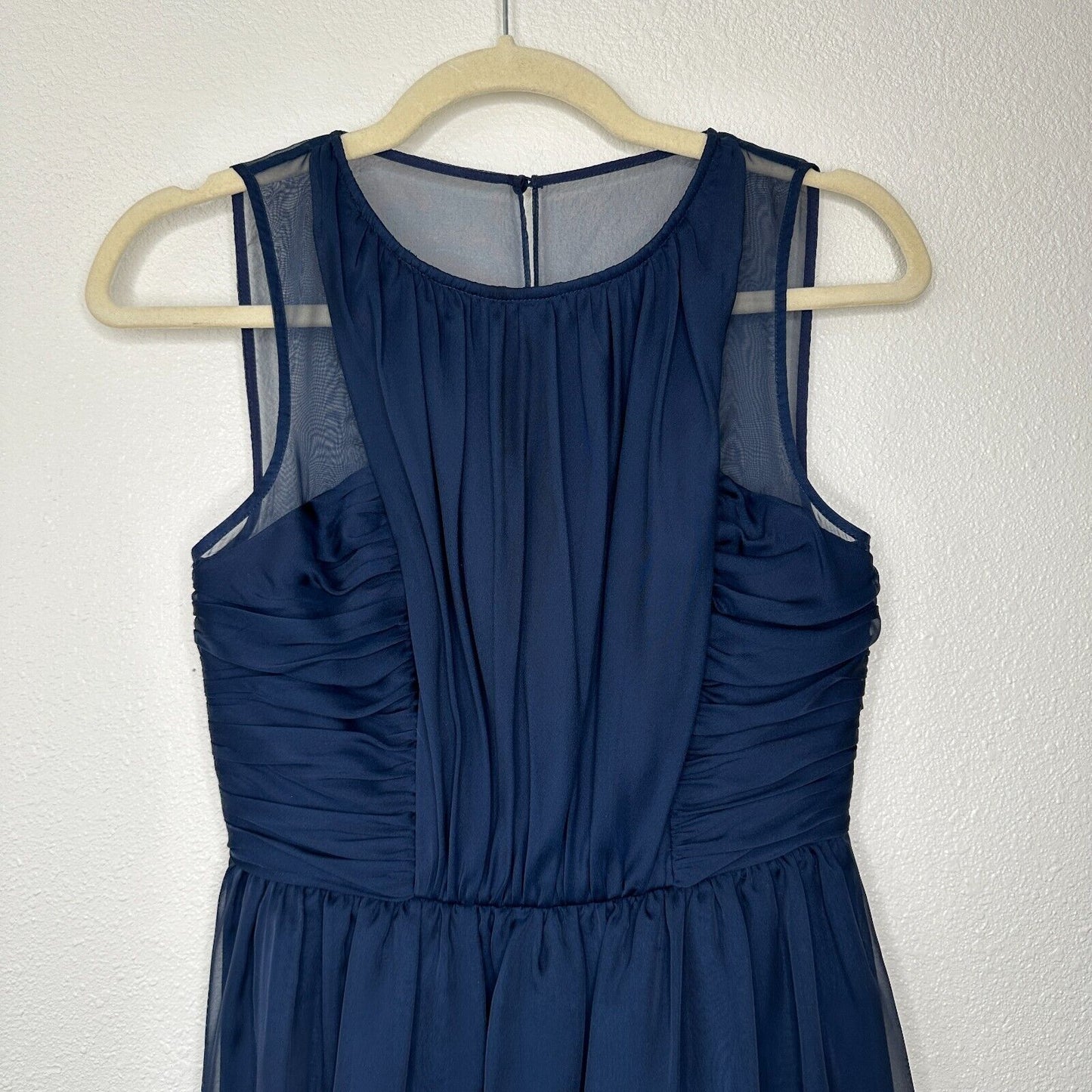 Hitherto Daylily Navy Sheer Shoulder Sleeveless Dress Ruched Side & Back Waist 0