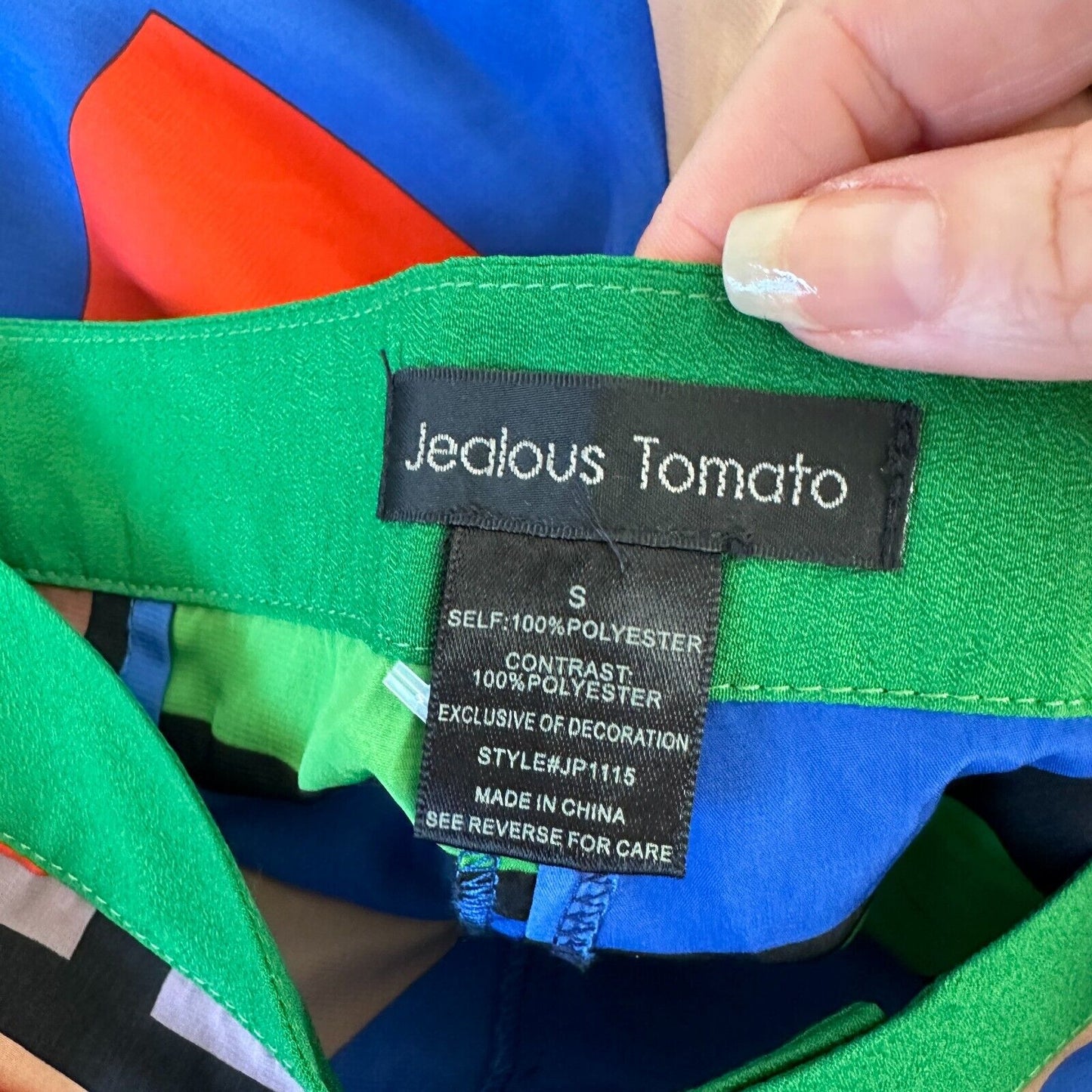 Jealous Tomato Bright Blue Green & Tan Abstract Design Palazzo Pants Front Zip M
