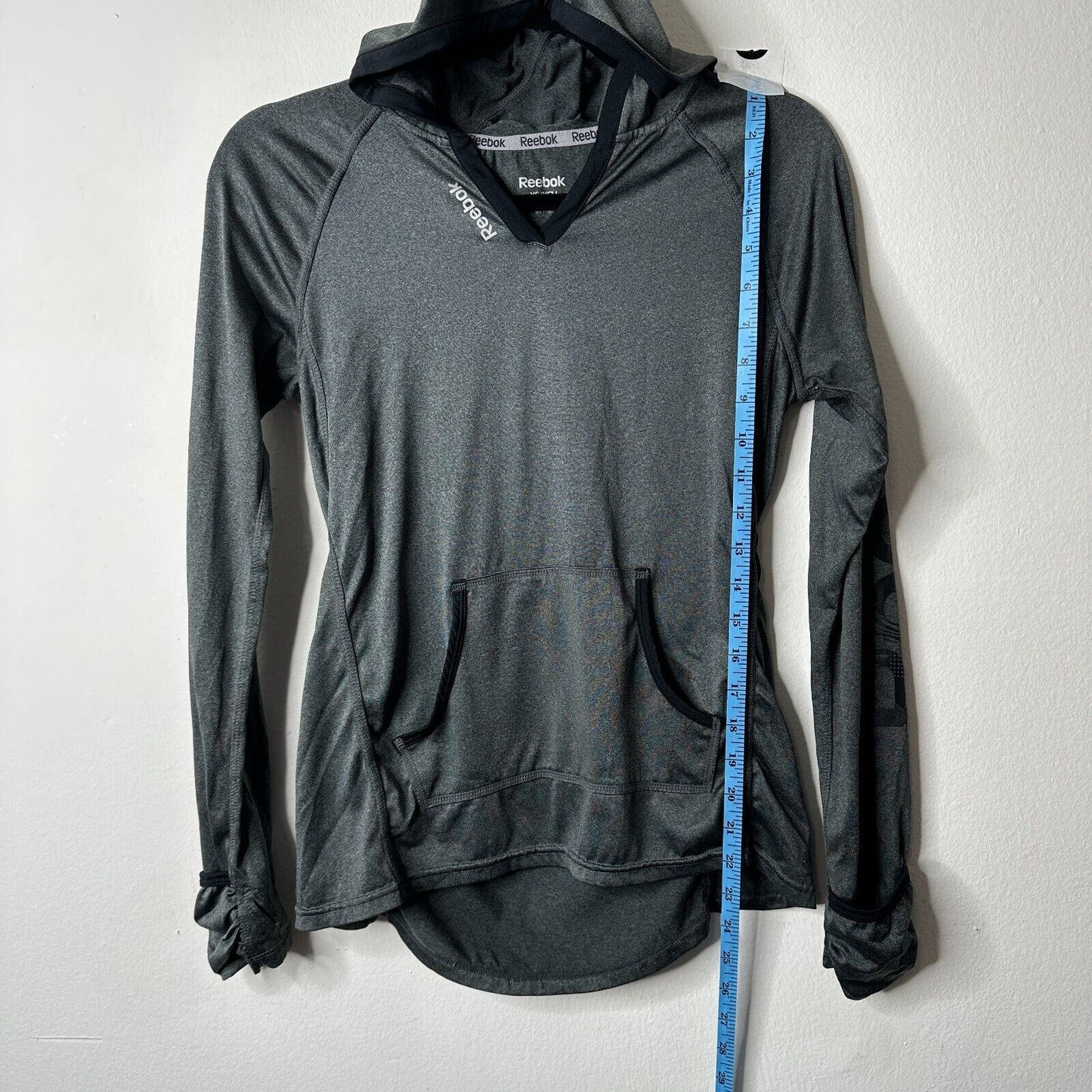 Reebok Gray Long Sleeve Light Hooded Pullover Running Shirt Front Pockets XS