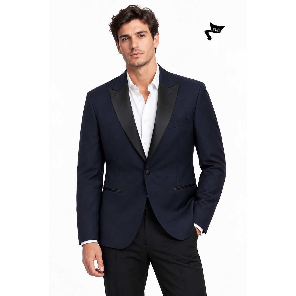 The Black Tux Navy Merino Wool Tuxedo Jacket Black Satin Peak Lapel Men's 40R
