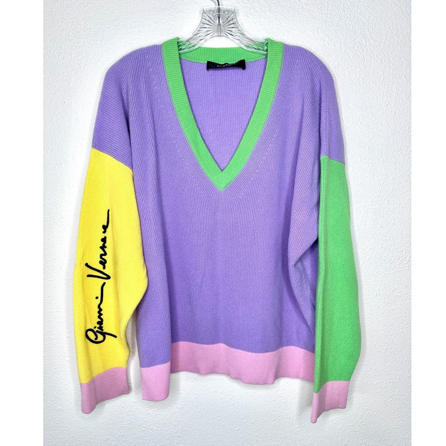 Versace Colorblock Cashmere V-Neck Sweater Purple/Green Women’s S IT38