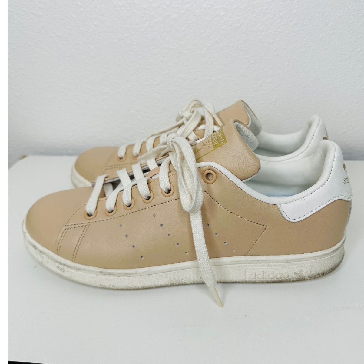 Adidas Gold Stan Smith Colab Tan & White Leather Lace up Sneaker Shoes 8