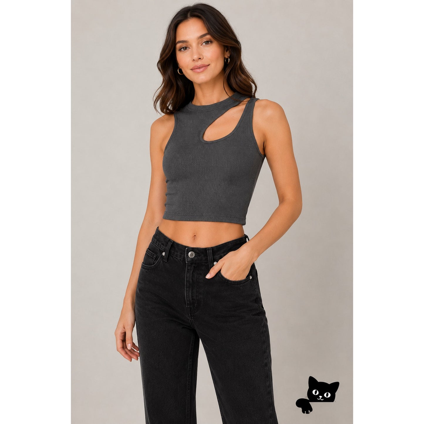 NWT Slate Gray Asymetrical High Neck Cut Out Fitted Crop Tank Top Small